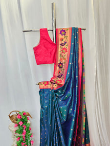 Rama Blue Soft-Silk Paithani Saree with Copper Zari Rose & Peacock Border – Wedding & Festive Wear
