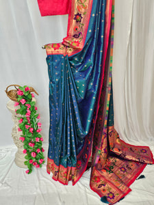 Rama Blue Soft-Silk Paithani Saree with Copper Zari Rose & Peacock Border – Wedding & Festive Wear