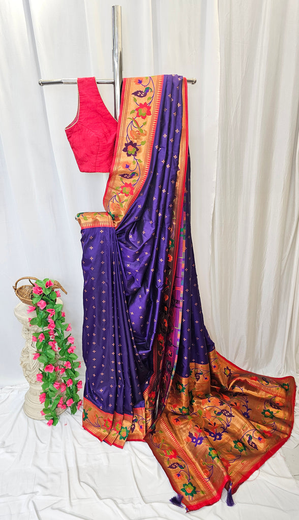 Purple Soft-Silk Paithani Saree with Copper Zari Rose & Peacock Border – Wedding & Festive Wear