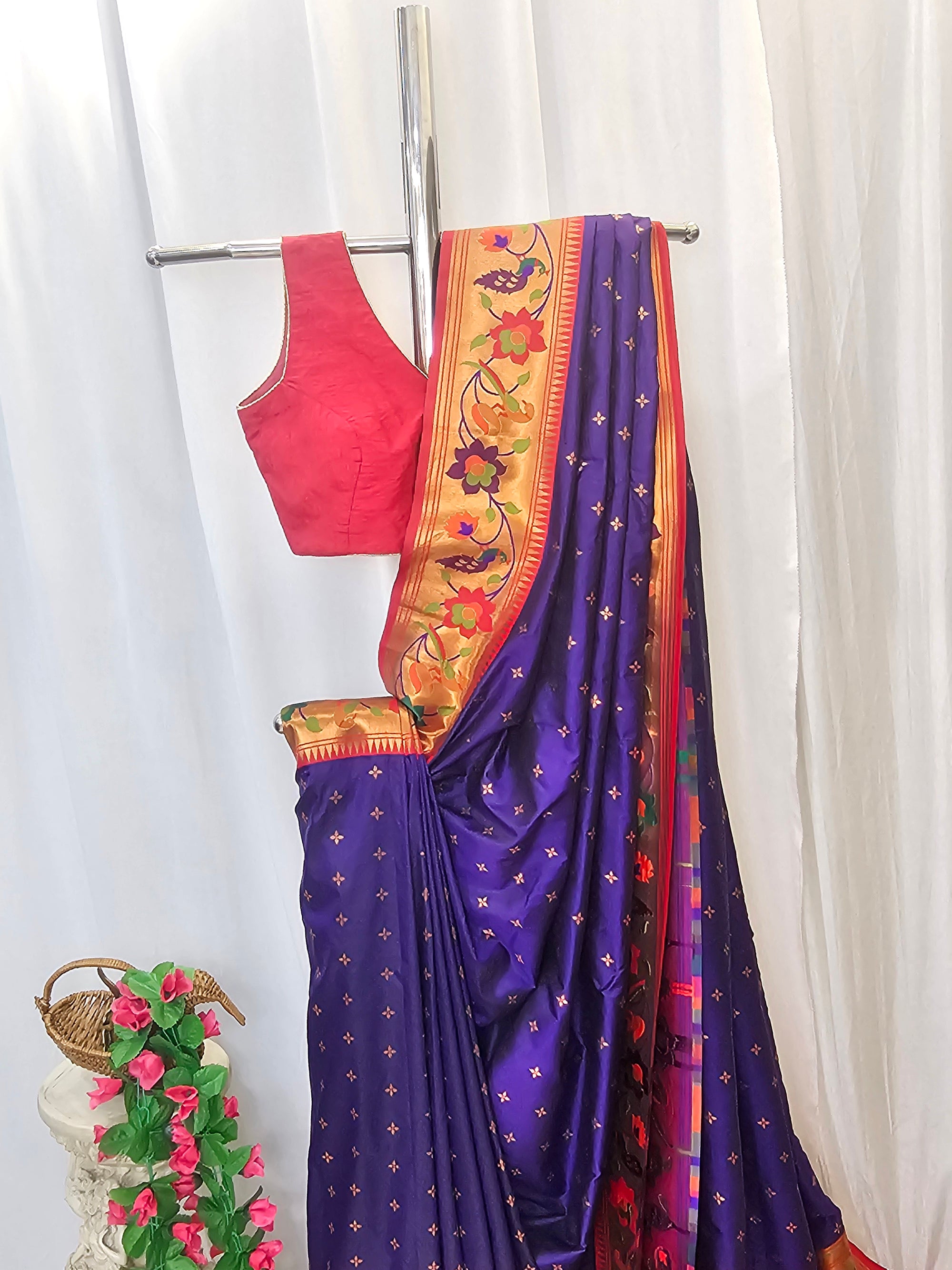 Purple Soft-Silk Paithani Saree with Copper Zari Rose & Peacock Border – Wedding & Festive Wear