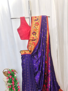 Purple Soft-Silk Paithani Saree with Copper Zari Rose & Peacock Border – Wedding & Festive Wear
