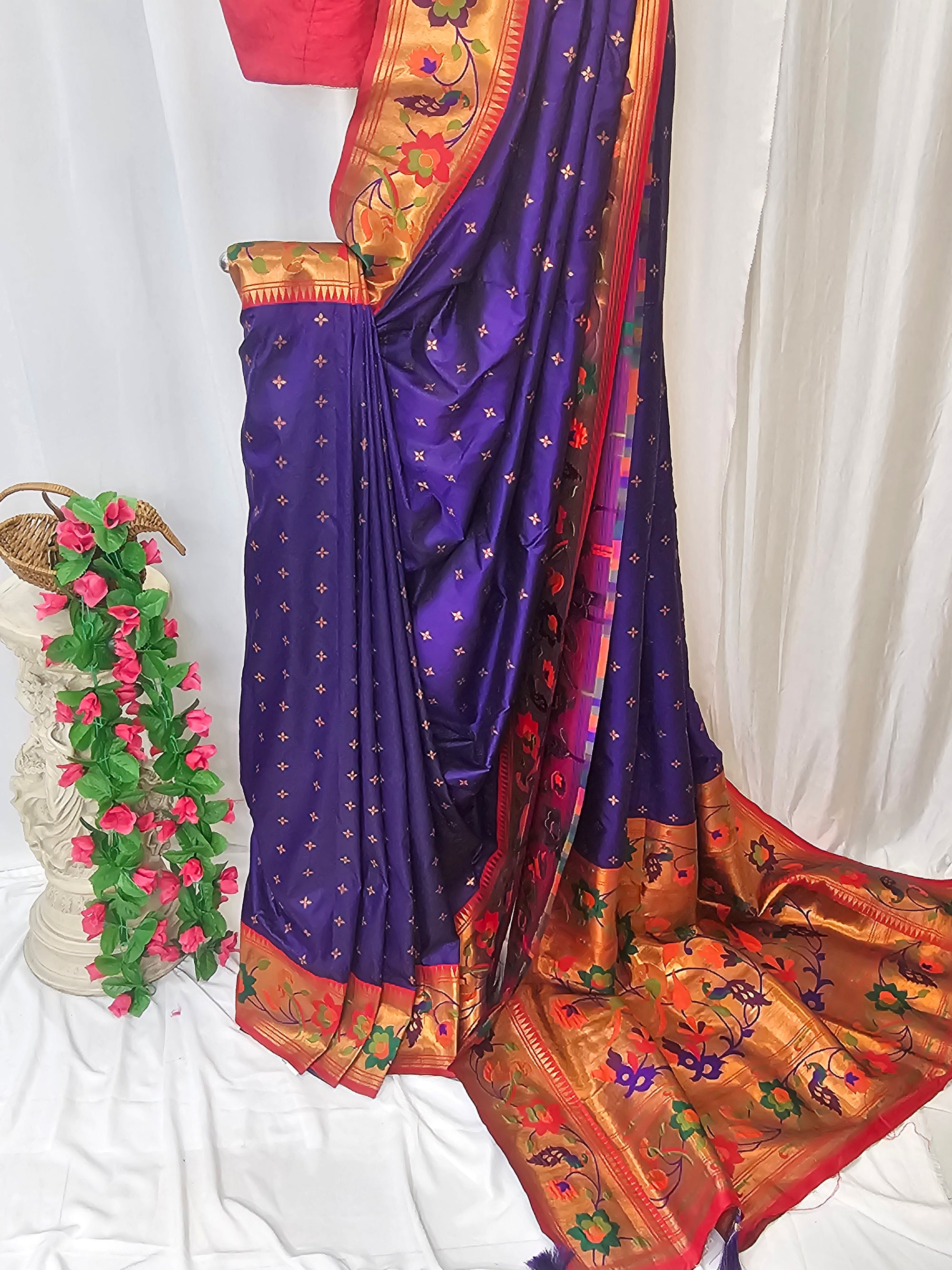 Purple Soft-Silk Paithani Saree with Copper Zari Rose & Peacock Border – Wedding & Festive Wear