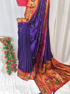 Purple Soft-Silk Paithani Saree with Copper Zari Rose & Peacock Border – Wedding & Festive Wear