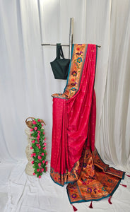 Rani Pink Soft-Silk Paithani Saree with Copper Zari Rose & Peacock Border – Wedding & Festive Wear