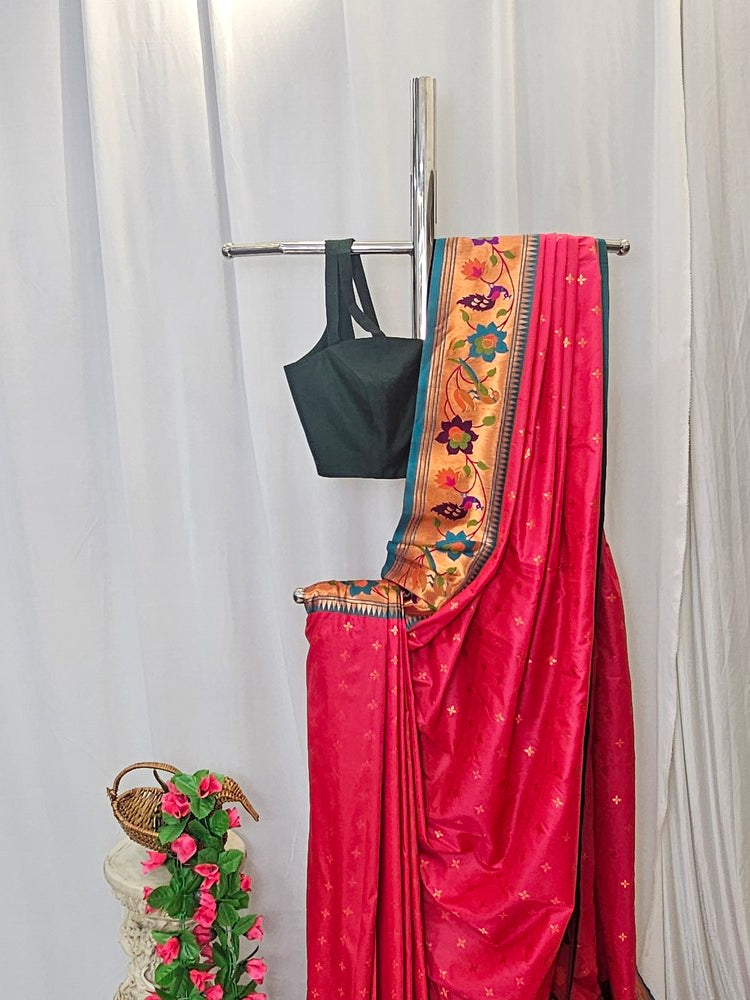 Rani Pink Soft-Silk Paithani Saree with Copper Zari Rose & Peacock Border – Wedding & Festive Wear