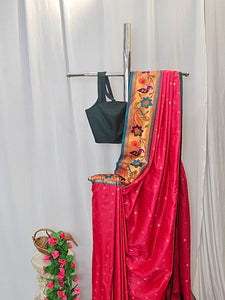 Rani Pink Soft-Silk Paithani Saree with Copper Zari Rose & Peacock Border – Wedding & Festive Wear