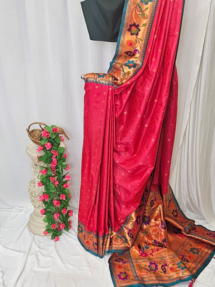 Rani Pink Soft-Silk Paithani Saree with Copper Zari Rose & Peacock Border – Wedding & Festive Wear
