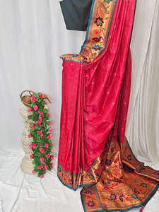 Rani Pink Soft-Silk Paithani Saree with Copper Zari Rose & Peacock Border – Wedding & Festive Wear