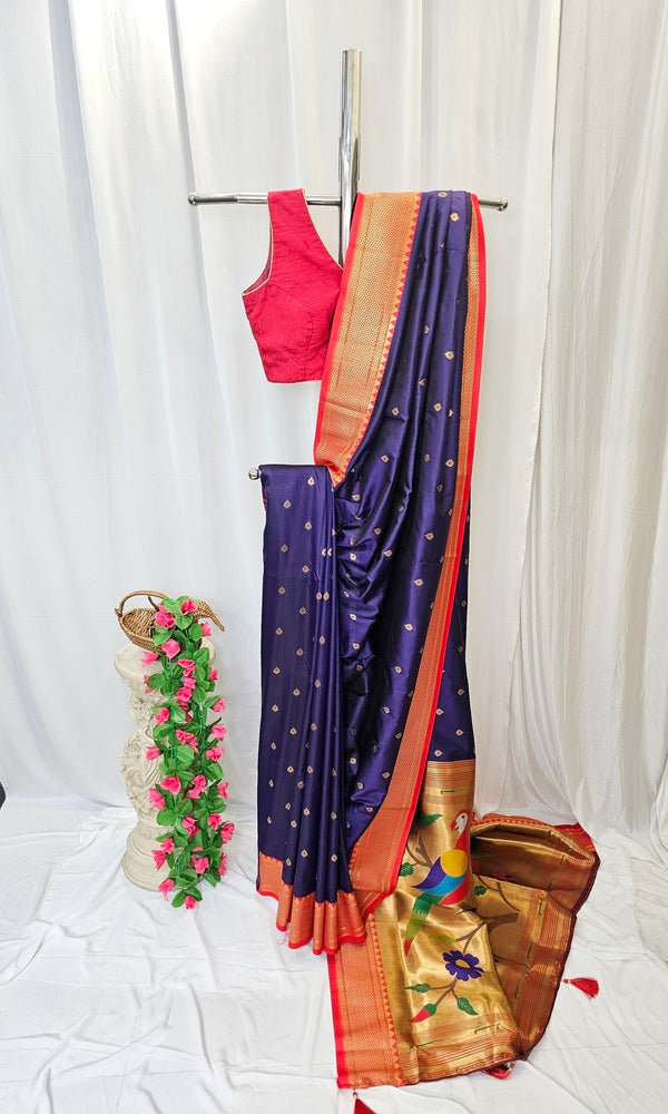 Navy Blue Soft-Silk Paithani Saree with Copper Zari Rose & Peacock Border – Wedding & Festive Wear