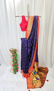 Navy Blue Soft-Silk Paithani Saree with Copper Zari Rose & Peacock Border – Wedding & Festive Wear