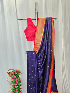 Navy Blue Soft-Silk Paithani Saree with Copper Zari Rose & Peacock Border – Wedding & Festive Wear
