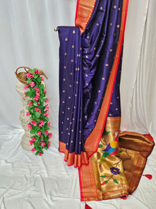 Navy Blue Soft-Silk Paithani Saree with Copper Zari Rose & Peacock Border – Wedding & Festive Wear