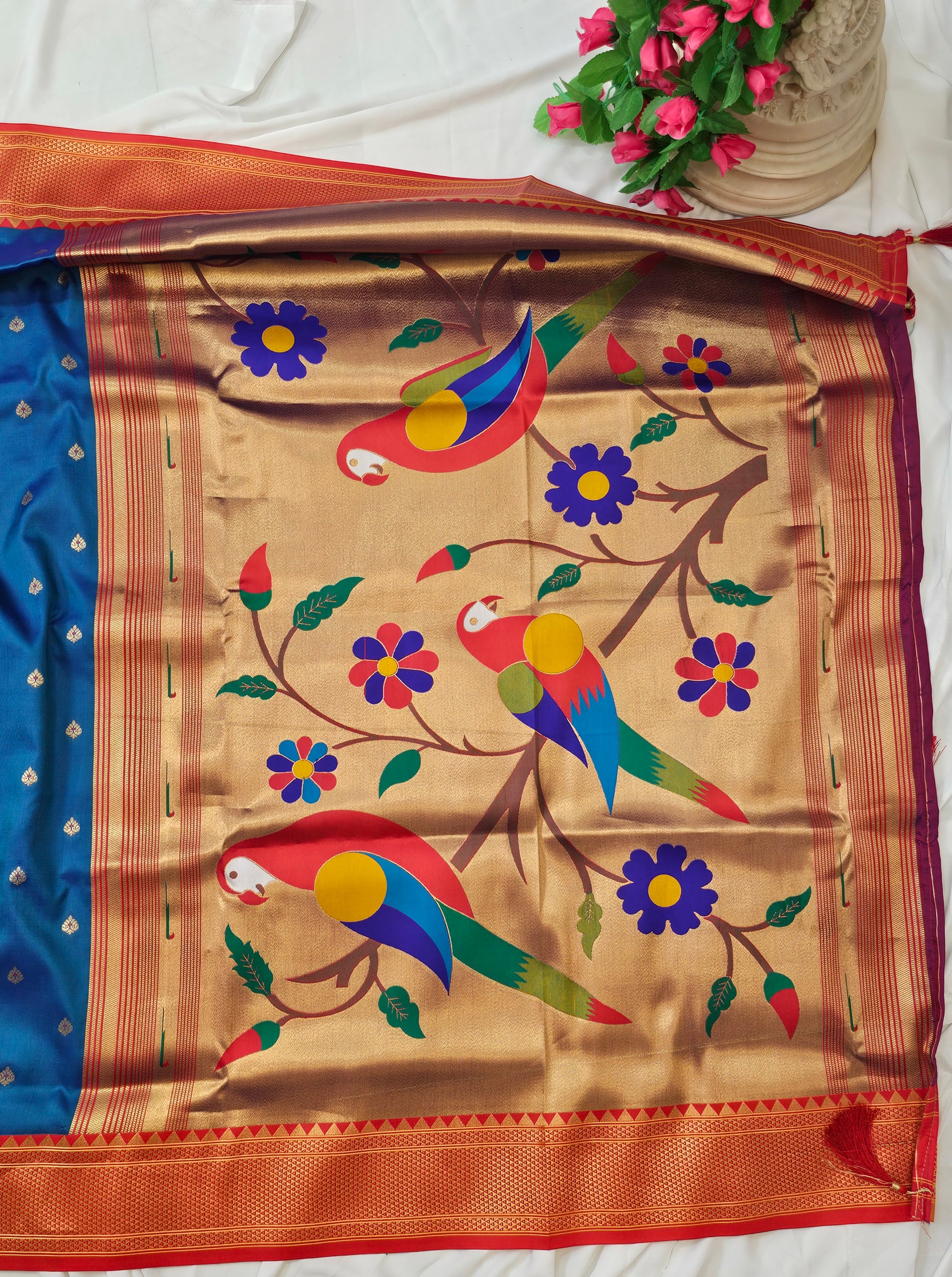 Rama Blue Soft-Silk Paithani Saree with Copper Zari Rose & Peacock Border – Wedding & Festive Wear