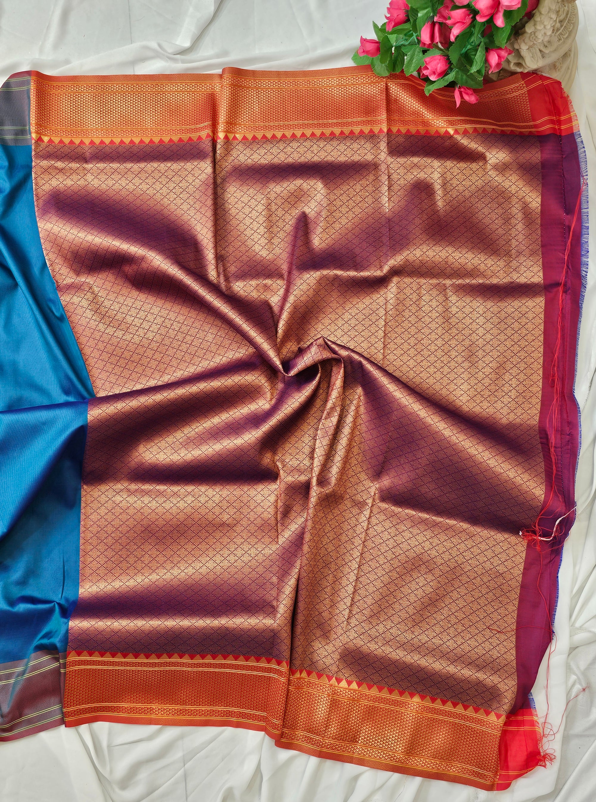 Rama Blue Soft-Silk Paithani Saree with Copper Zari Rose & Peacock Border – Wedding & Festive Wear