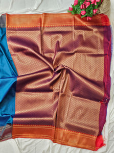 Rama Blue Soft-Silk Paithani Saree with Copper Zari Rose & Peacock Border – Wedding & Festive Wear