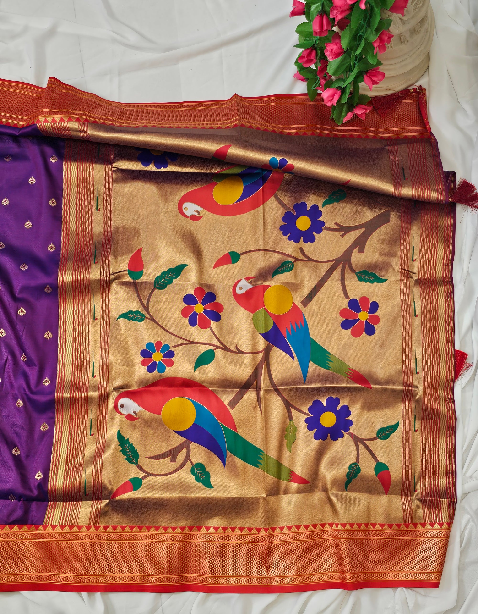 Purple Soft-Silk Paithani Saree with Copper Zari Rose & Peacock Border – Wedding & Festive Wear
