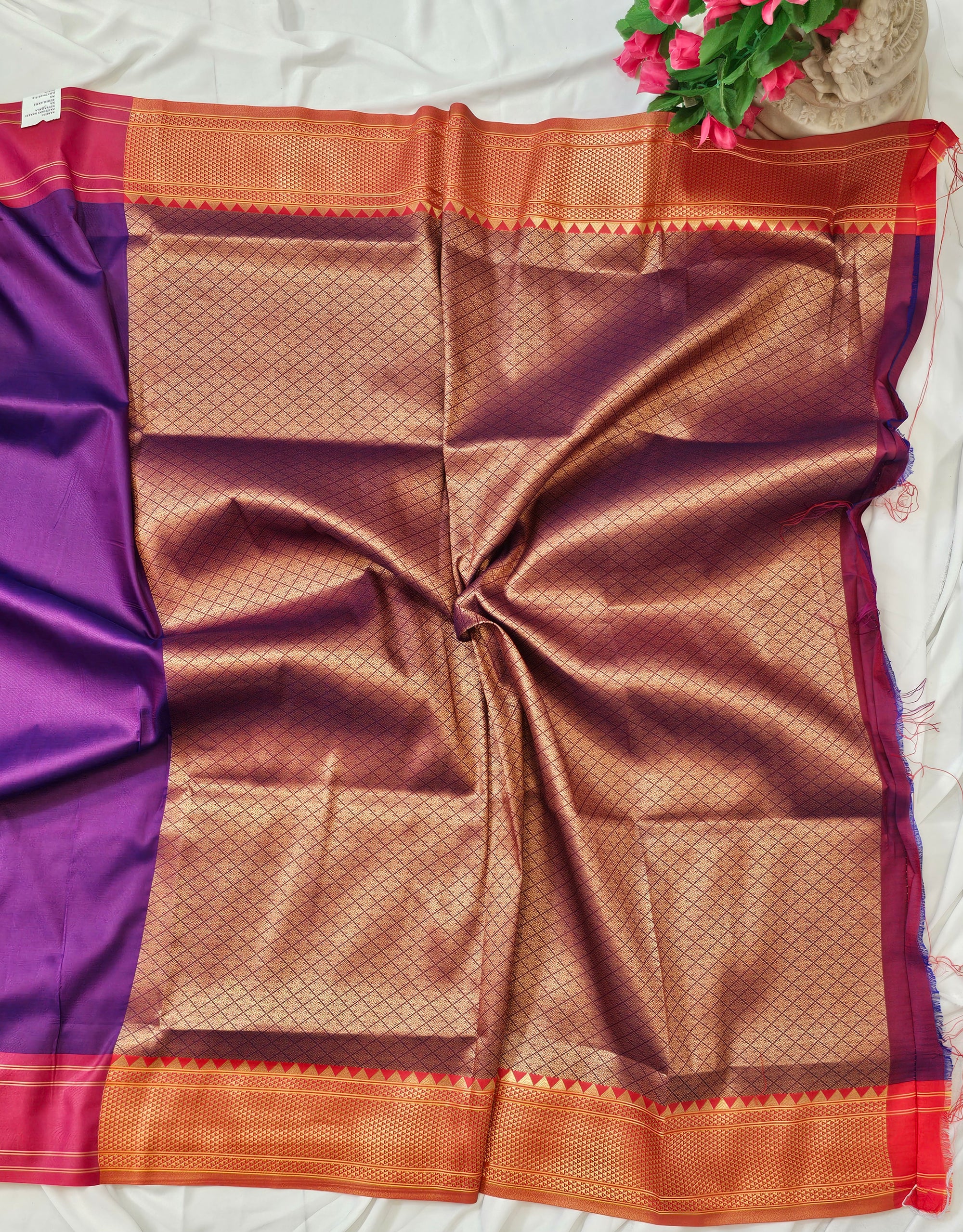 Purple Soft-Silk Paithani Saree with Copper Zari Rose & Peacock Border – Wedding & Festive Wear