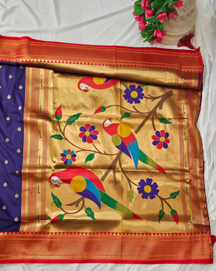 Navy Blue Soft-Silk Paithani Saree with Copper Zari Rose & Peacock Border – Wedding & Festive Wear