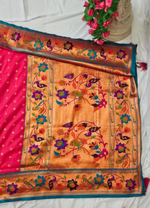 Rani Pink Soft-Silk Paithani Saree with Copper Zari Rose & Peacock Border – Wedding & Festive Wear