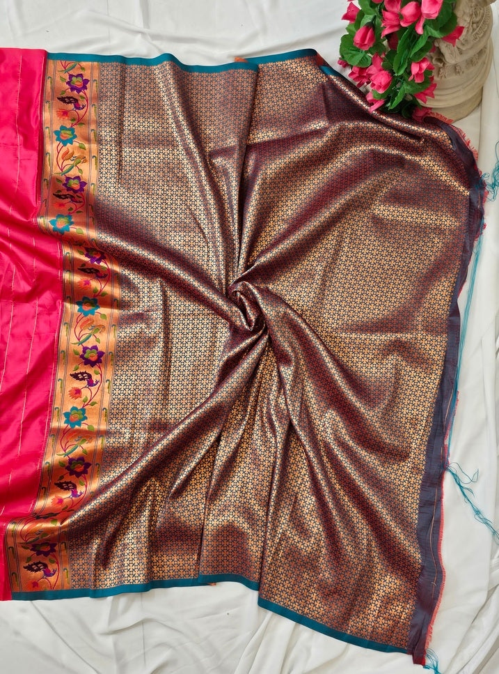 Rani Pink Soft-Silk Paithani Saree with Copper Zari Rose & Peacock Border – Wedding & Festive Wear