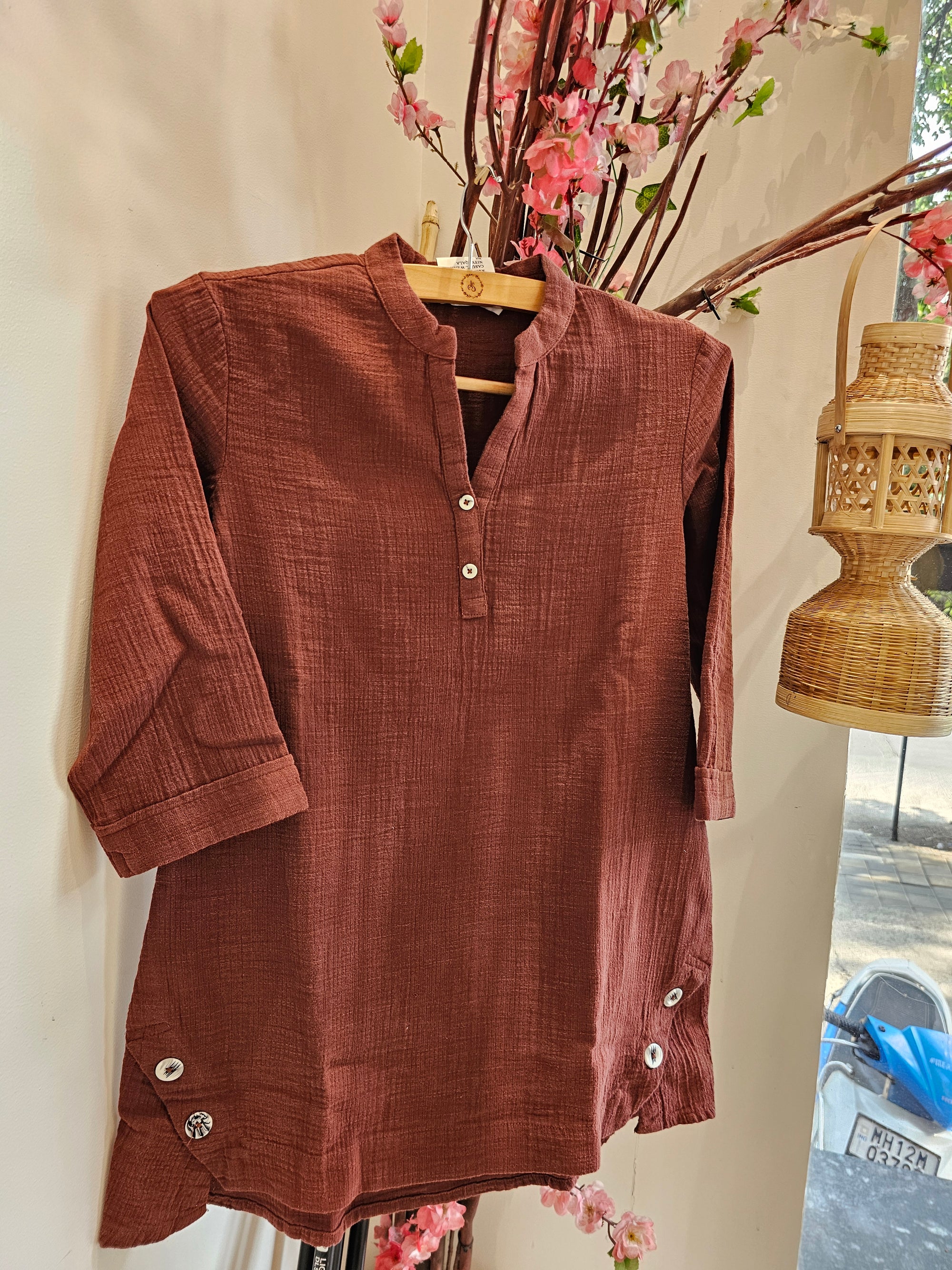 Brown Cotton Gauze Cord Set with Side Button Detail for Women