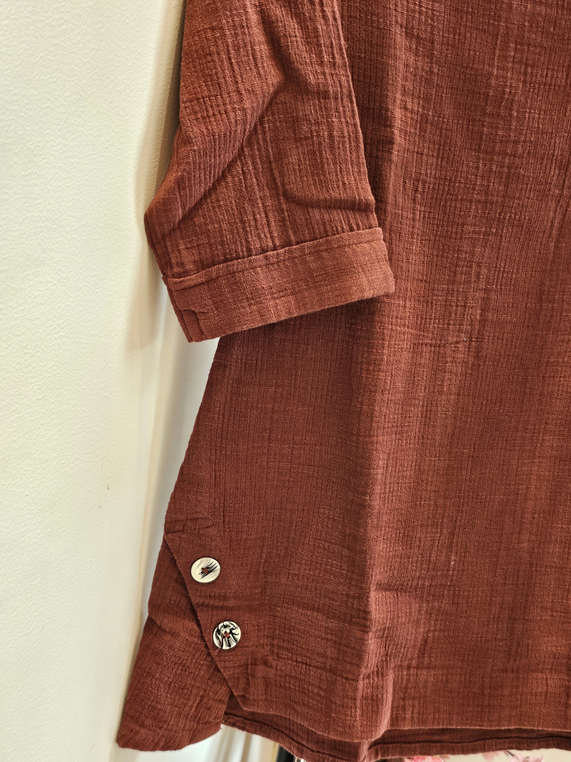 Brown Cotton Gauze Cord Set with Side Button Detail for Women