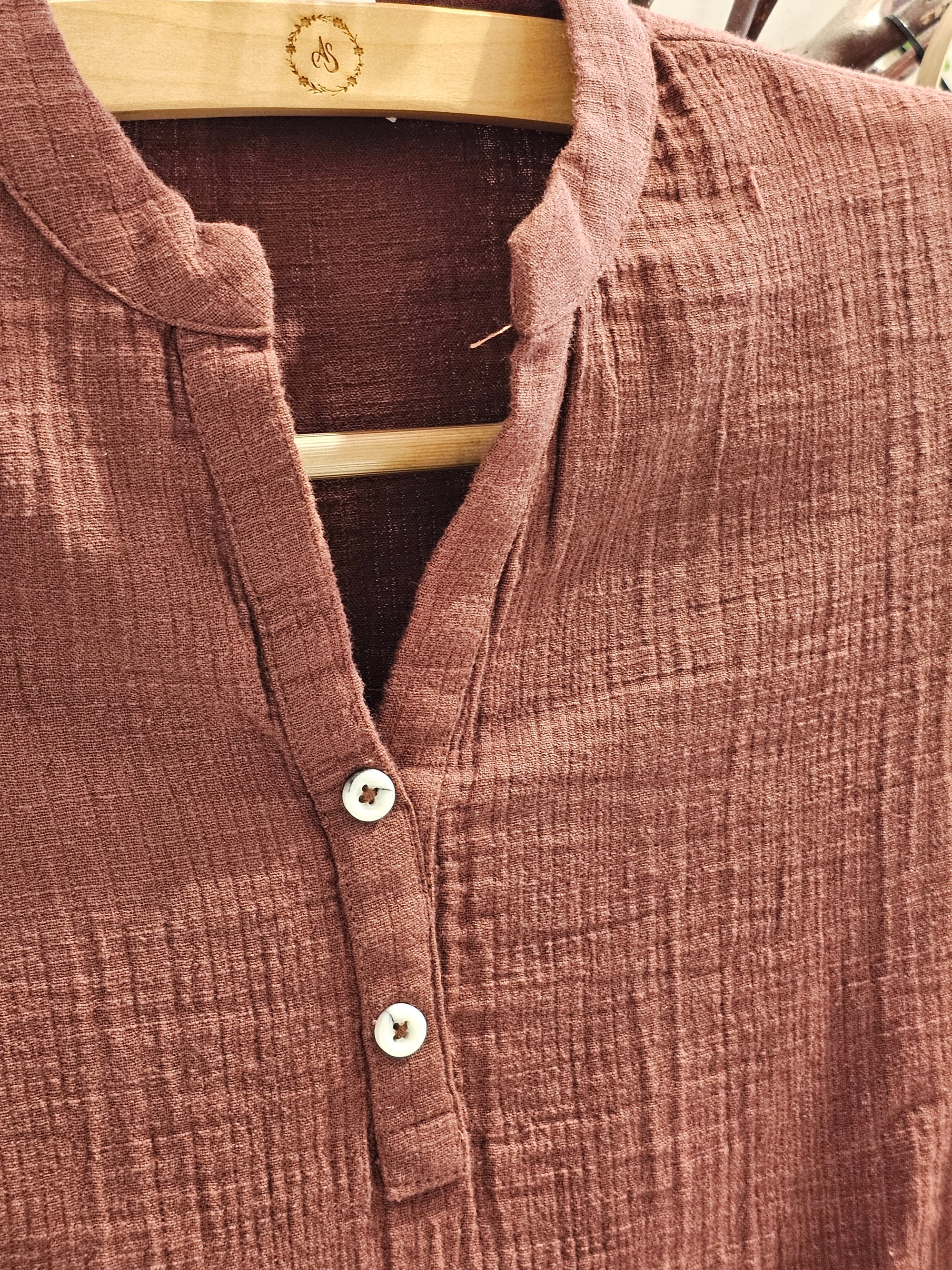 Brown Cotton Gauze Cord Set with Side Button Detail for Women