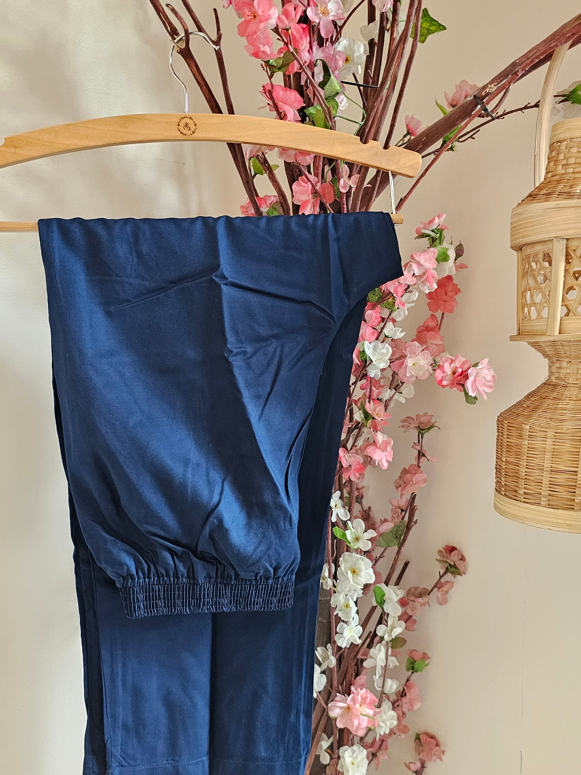 Navy Blue Cotton Blend Cord Set with White Floral Thread Work for Women