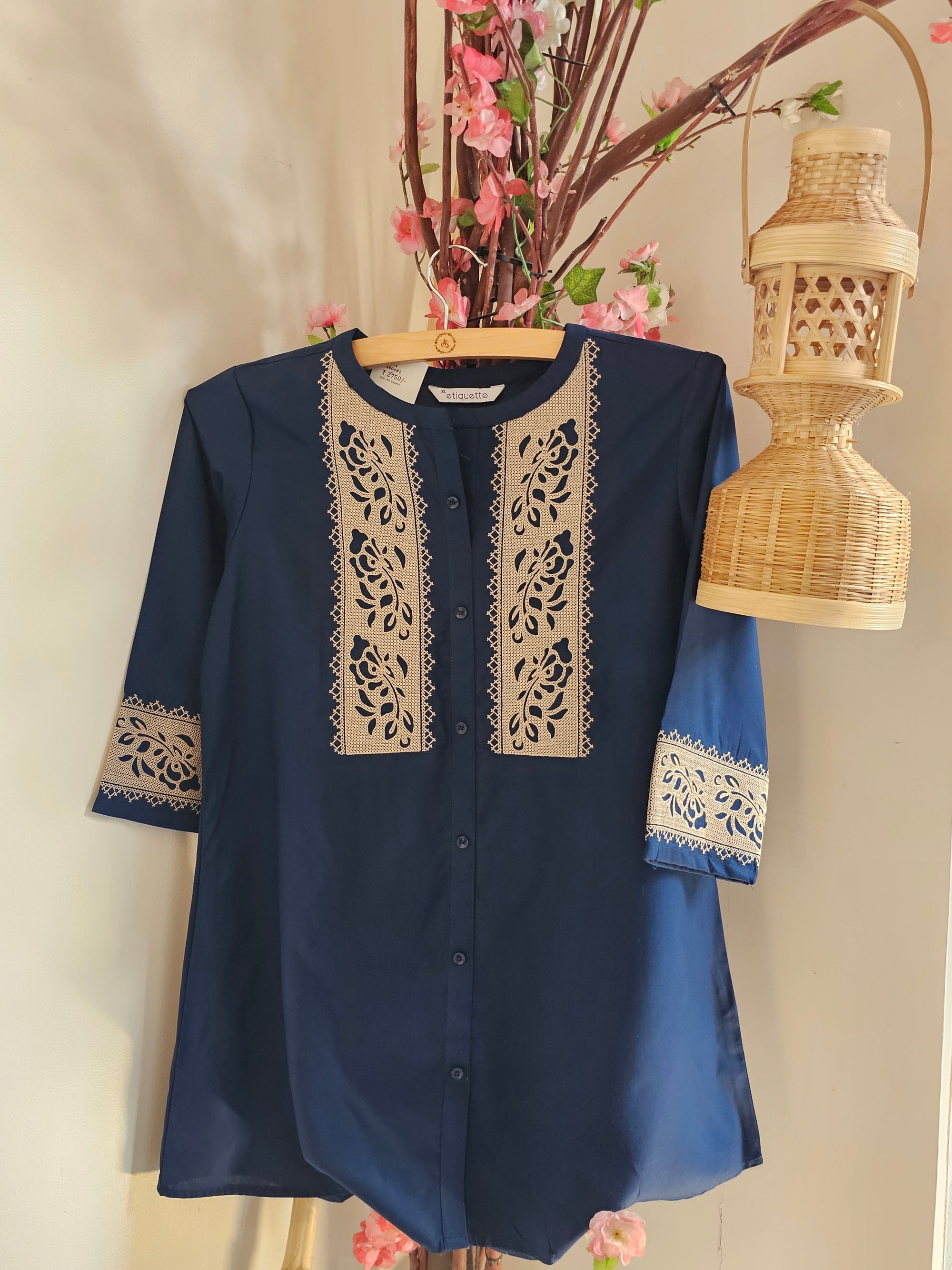 Navy Blue Cotton Blend Cord Set with White Floral Thread Work for Women
