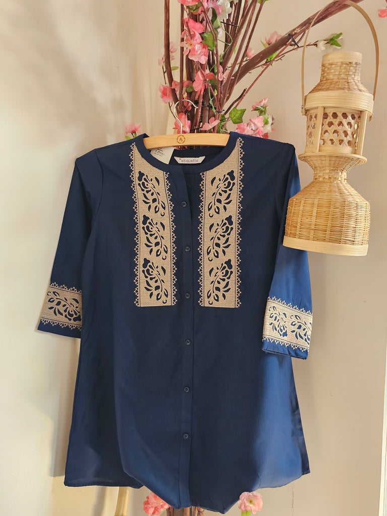 Navy Blue Cotton Blend Cord Set with White Floral Thread Work for Women