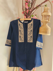 Navy Blue Cotton Blend Cord Set with White Floral Thread Work for Women