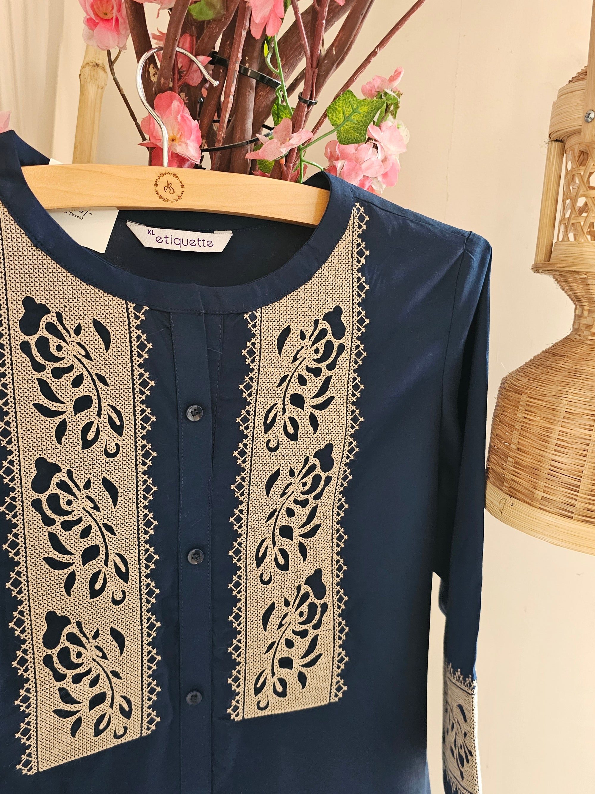 Navy Blue Cotton Blend Cord Set with White Floral Thread Work for Women