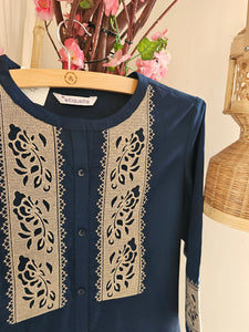 Navy Blue Cotton Blend Cord Set with White Floral Thread Work for Women