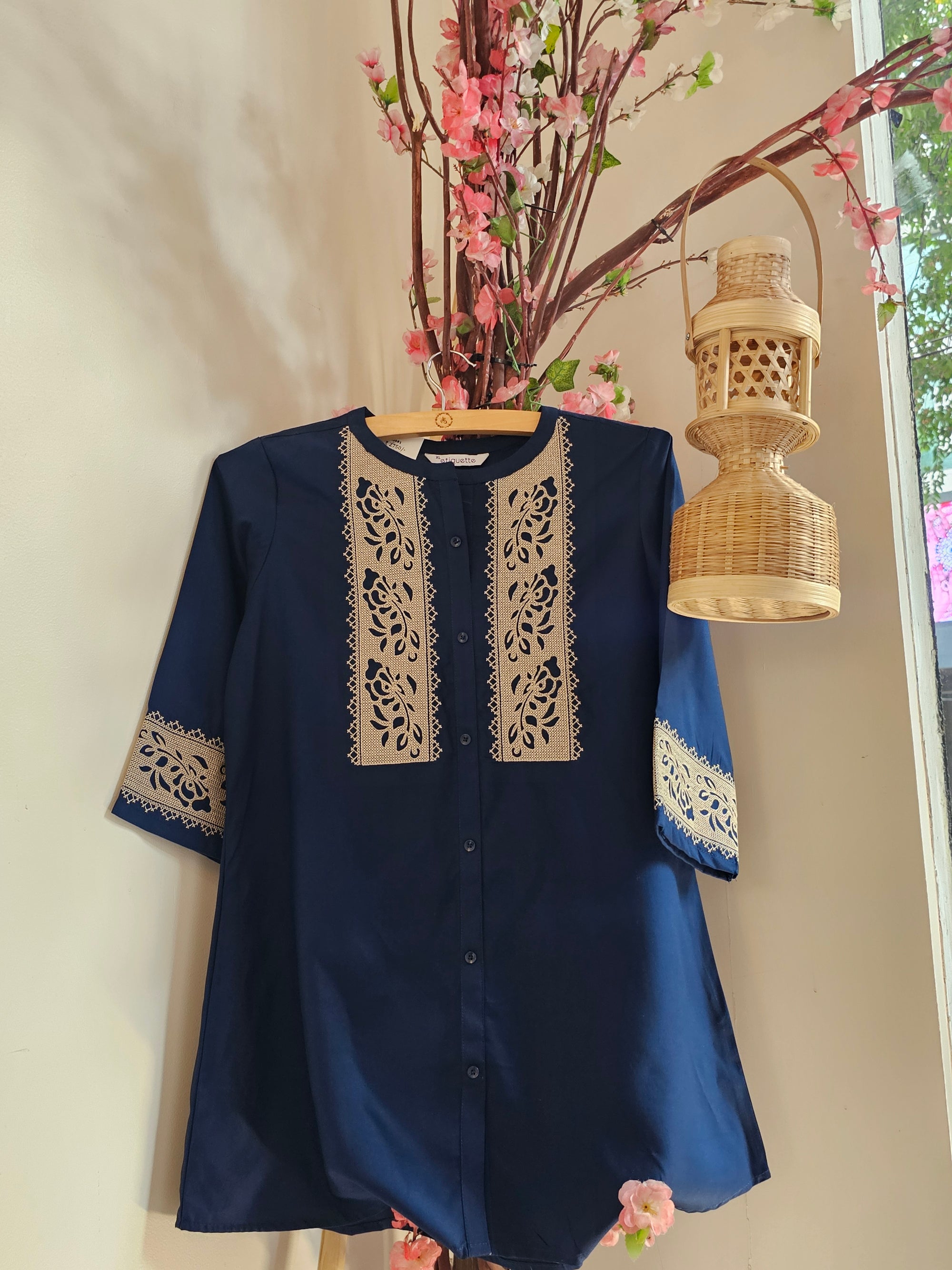 Navy Blue Cotton Blend Cord Set with White Floral Thread Work for Women