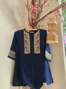 Navy Blue Cotton Blend Cord Set with White Floral Thread Work for Women