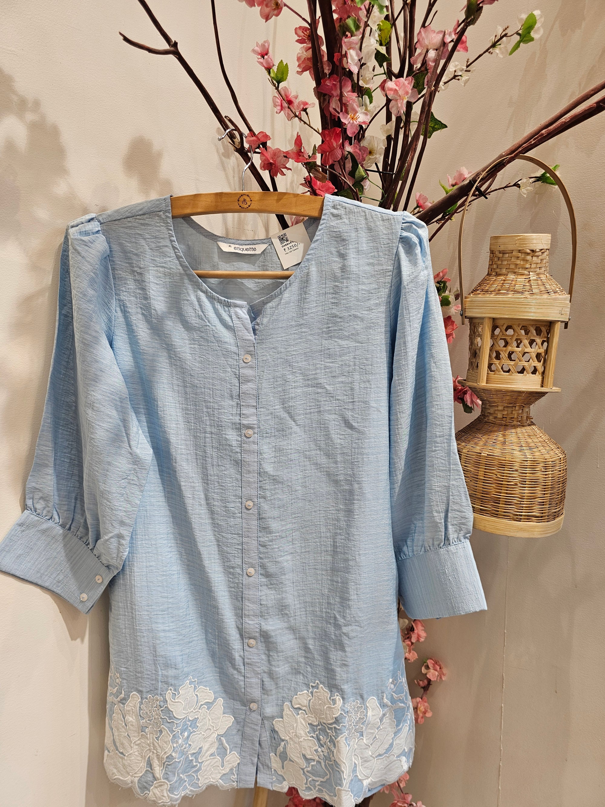 Sky Blue Cotton Cord Set with White Cut Out Embroidery for Women