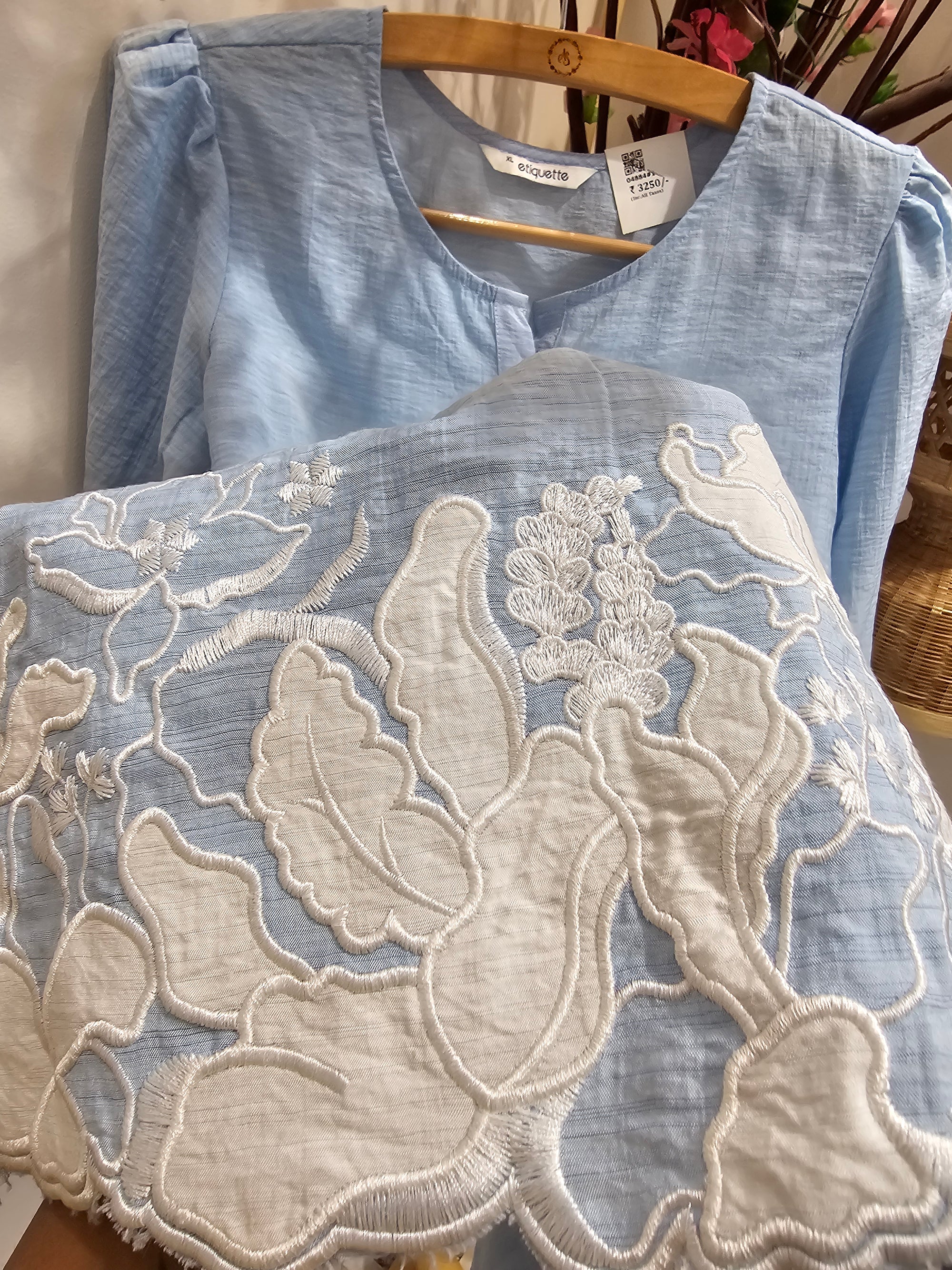 Sky Blue Cotton Cord Set with White Cut Out Embroidery for Women
