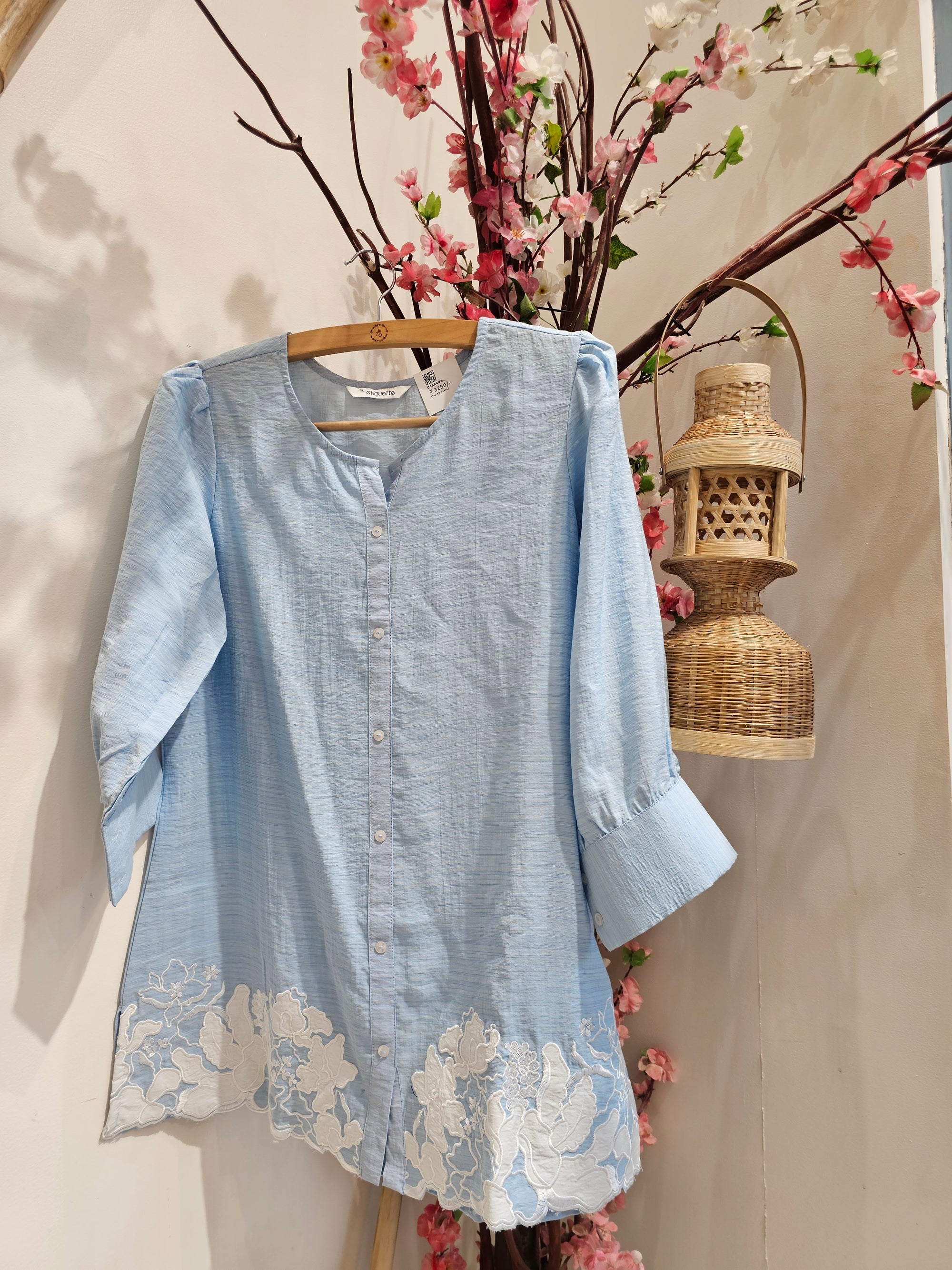 Sky Blue Cotton Cord Set with White Cut Out Embroidery for Women