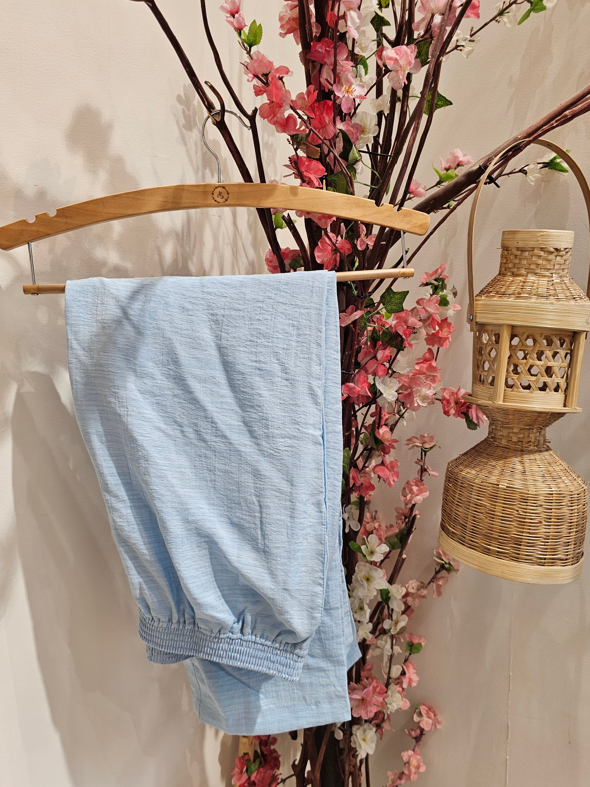 Sky Blue Cotton Cord Set with White Cut Out Embroidery for Women
