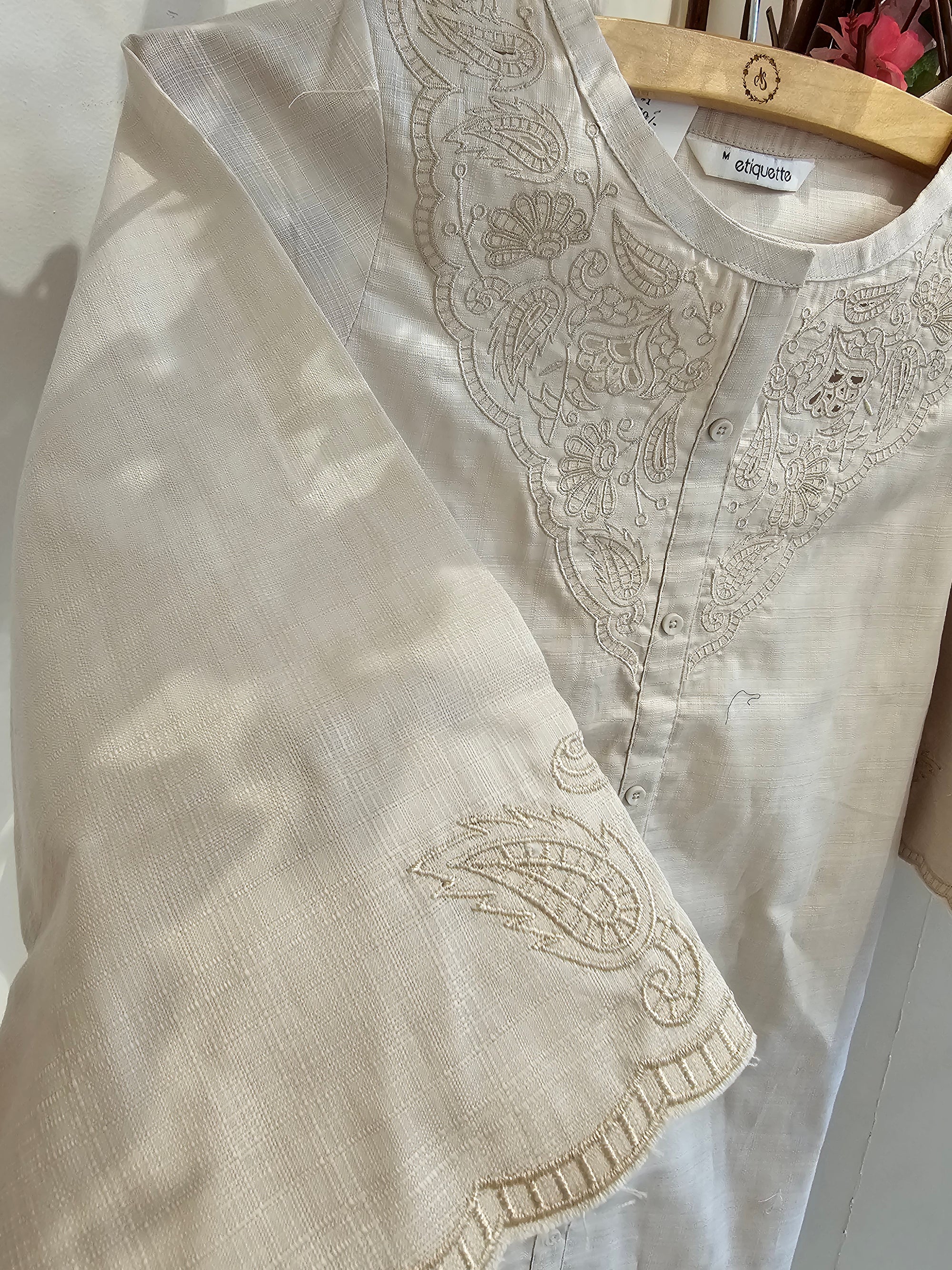 Beige Cotton Notched-Neck Kurta with Paisley Embroidery for Women