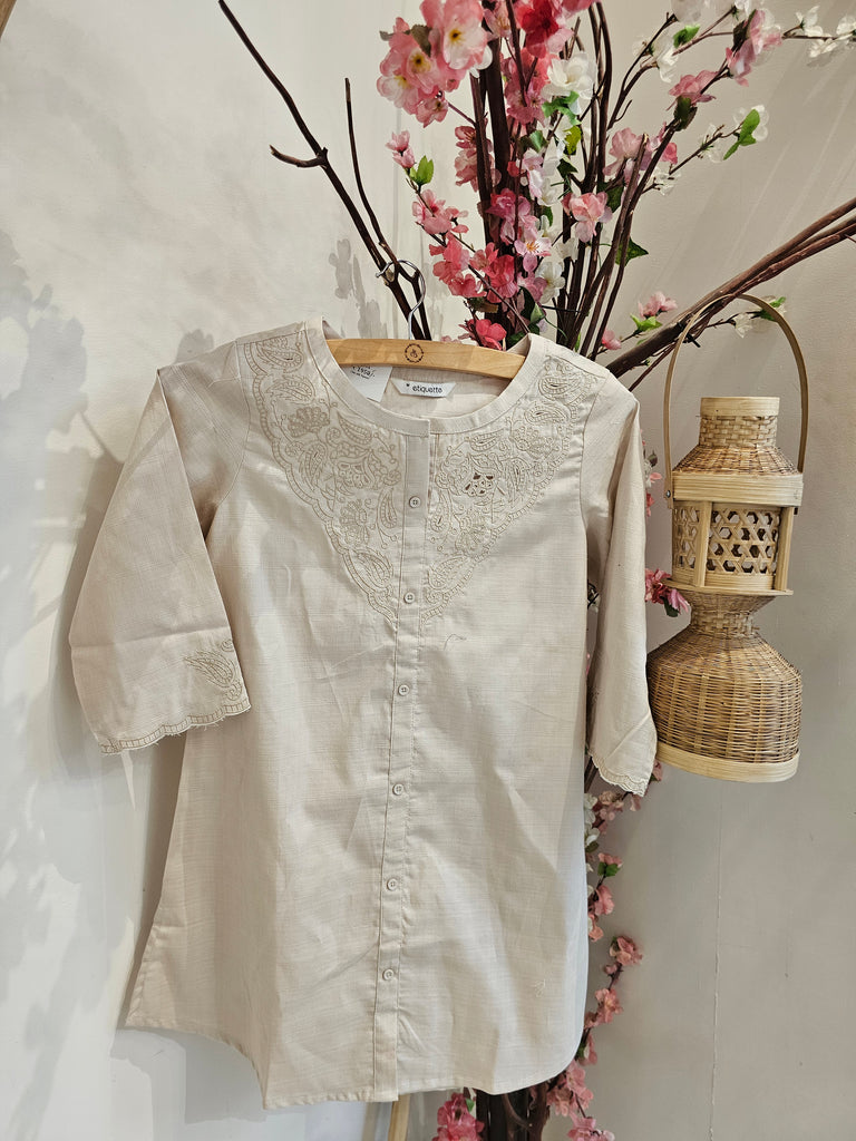 Beige Cotton Notched-Neck Kurta with Paisley Embroidery for Women