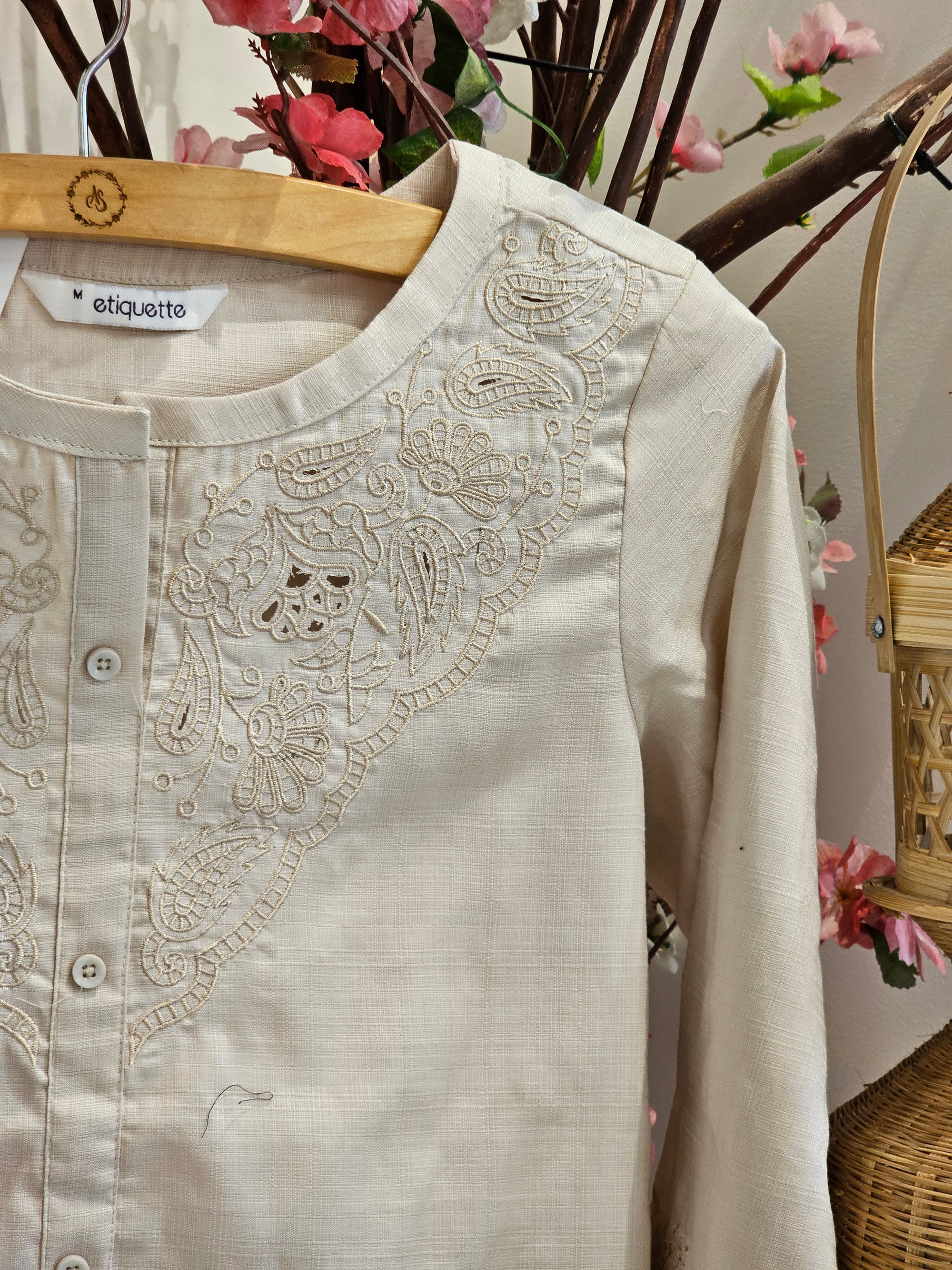 Beige Cotton Notched-Neck Kurta with Paisley Embroidery for Women