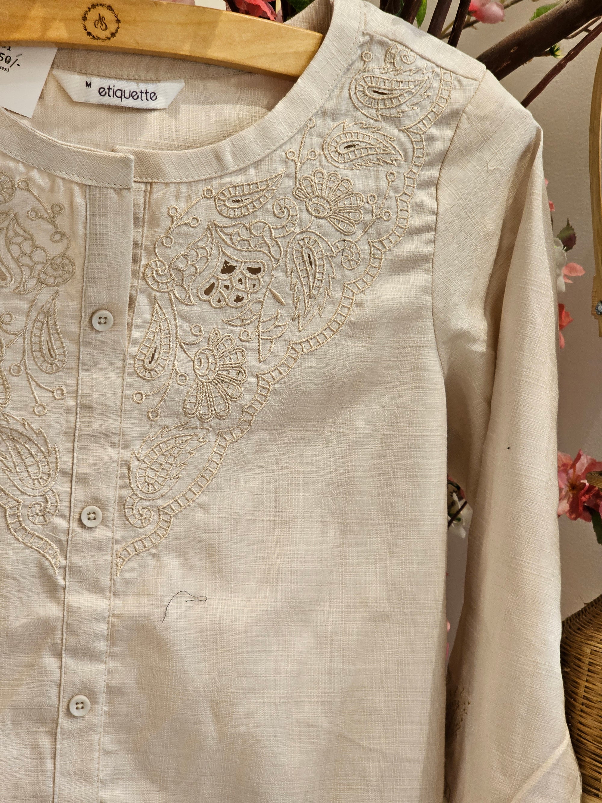 Beige Cotton Notched-Neck Kurta with Paisley Embroidery for Women