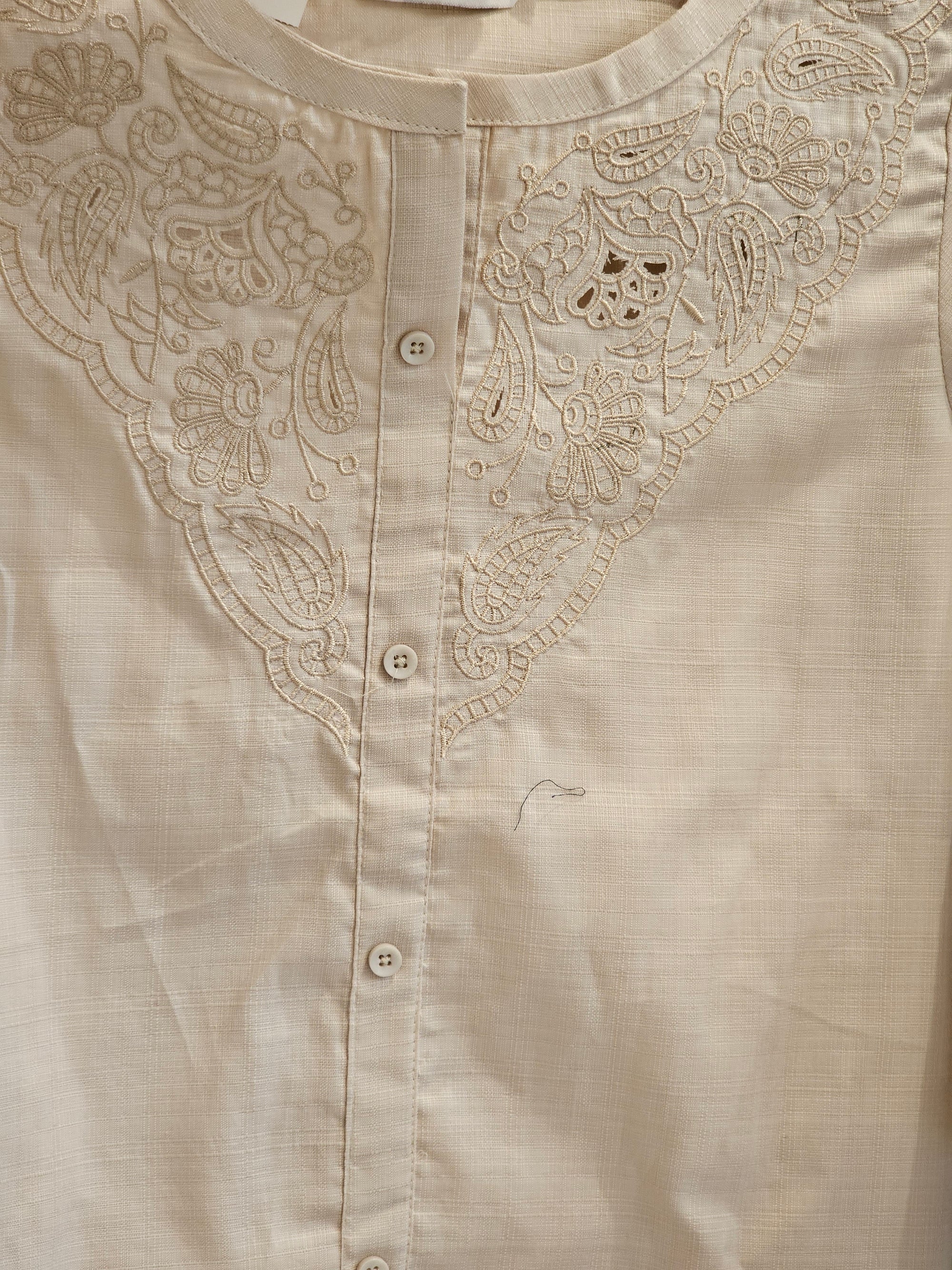 Beige Cotton Notched-Neck Kurta with Paisley Embroidery for Women