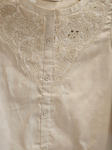 Beige Cotton Notched-Neck Kurta with Paisley Embroidery for Women