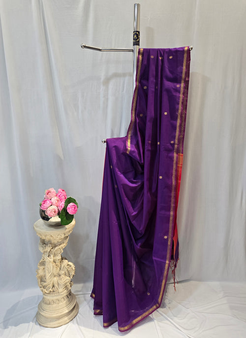 Dark Violet Cotton Maheshwari Saree with Star Flower Buti