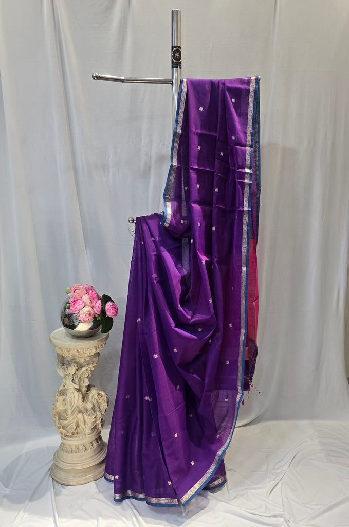 Violet Cotton Maheshwari Saree with Star Flower Buti