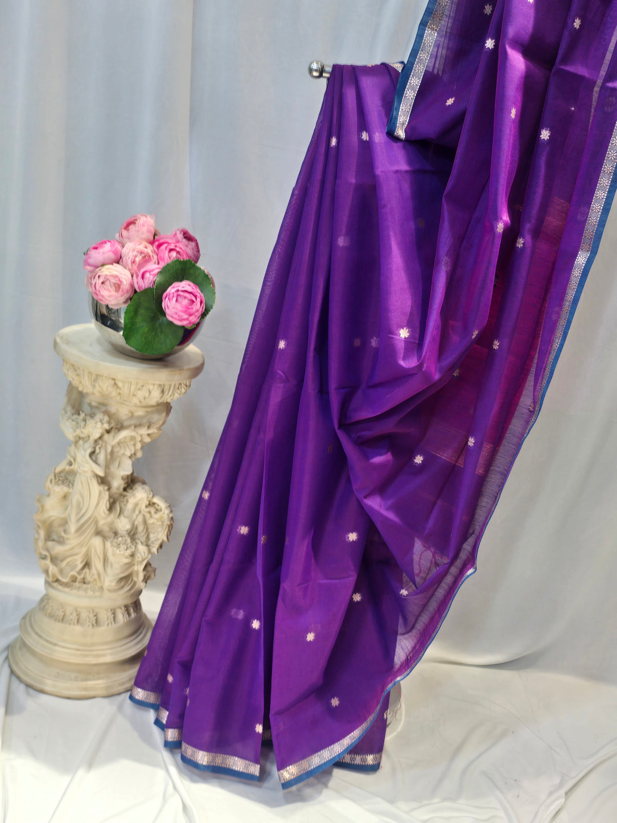 Violet Cotton Maheshwari Saree with Star Flower Buti