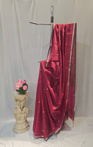 Raspberry Wine Cotton Maheshwari Saree with Star Flower Buti