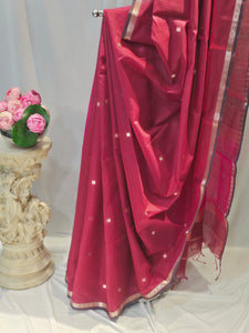 Raspberry Wine Cotton Maheshwari Saree with Star Flower Buti